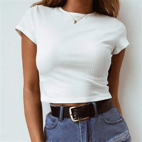 Ribbed Cropped Tee Tshirt Outfits Cropped White Tee White Tees Outfit