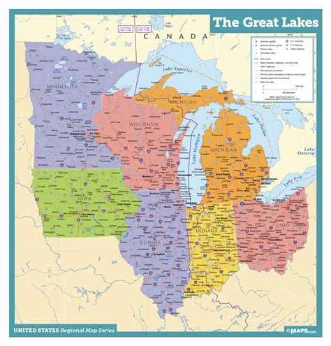 Great Lakes States Wall Map