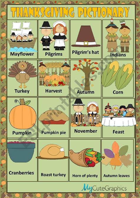 Thanksgiving Pictionary Esl Worksheet By Macomabi