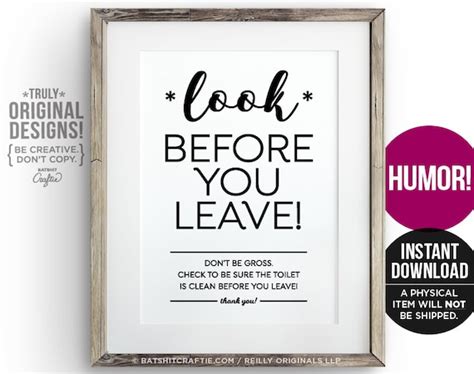 Printable Look Before You Leave Funny Bathroom Sign Instant Etsy