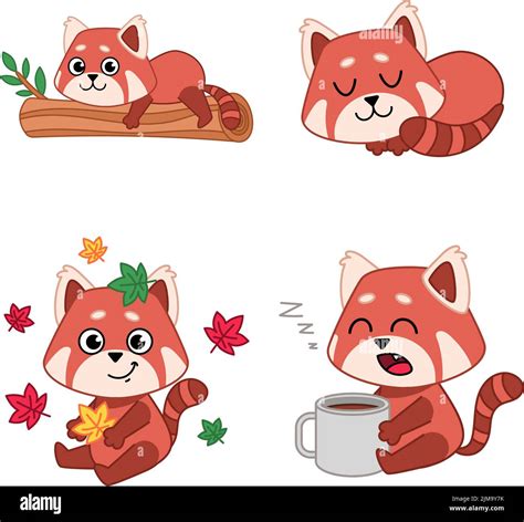 Set Of Cute Hand Drawn Red Pandas Lying On Tree Sleeping Holding Leaf