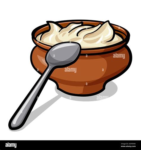 Illustration Of The Homemade Sour Cream In The Bowl And Spoon Stock