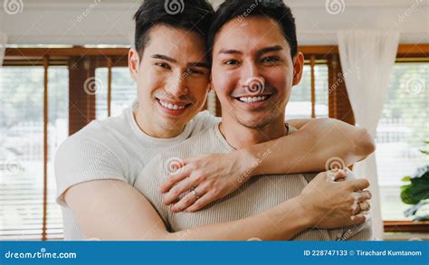 Portrait Young Asia Gay Couple Feeling Happy Smiling At Home Asian Lgbtq Men Relax Toothy Smile