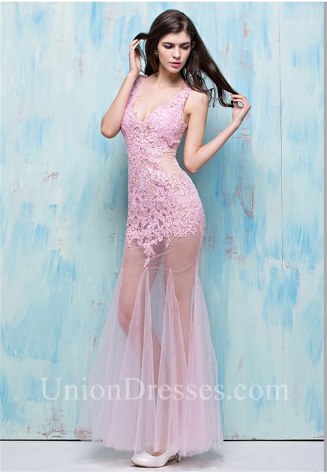 Stunning Deep V Neck Open Back See Through Light Pink Tulle Special Occasion Prom Dress