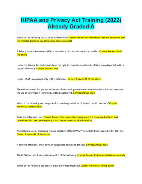 HIPAA and Privacy Act Training (2022) Already Graded A+ in 2022 | Exam