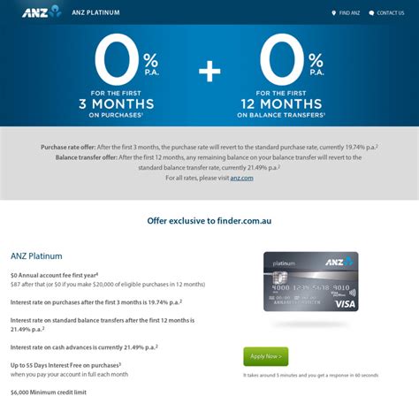 How your credit card fee is charged. ANZ Platinum 0% Balance Transfer 12 Months, No Balance Transfer Fee, up to 95% of Limit ($0 ...
