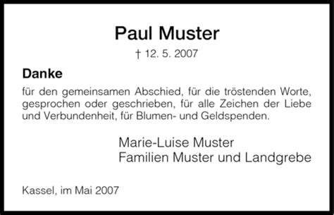 Zweifelsohne gibt es schönere anlässe für ein dankeschön. Traueranzeigen von Paul Muster | Trauer.HNA.de