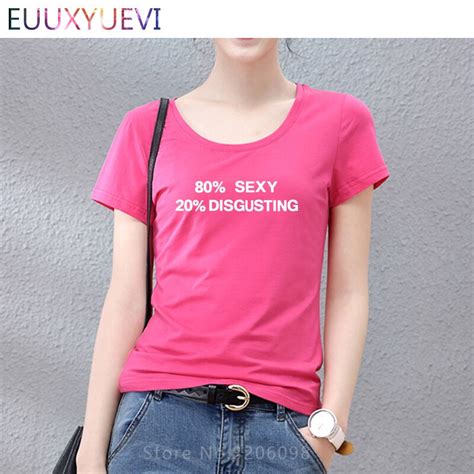 Women Short Sleeves Black White O Neck Style Tops 80 Sexy 20 Disgusting Letters Print Ladies