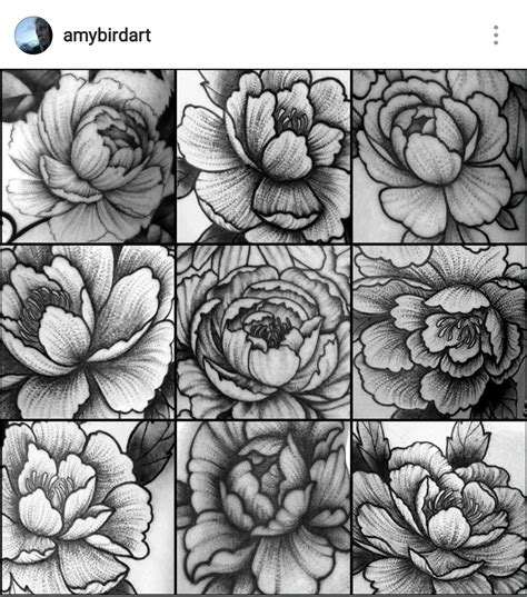 Blackwork Dotwork Stippling Peony Flower Tattoos By Amy Williams Tattoo