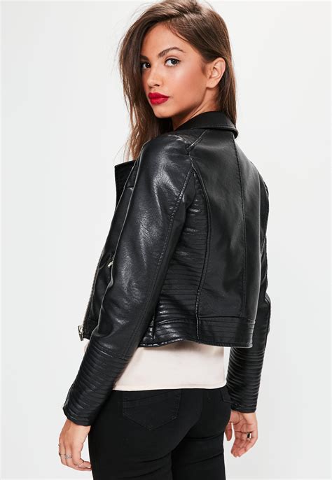 missguided black faux leather military biker jacket lyst