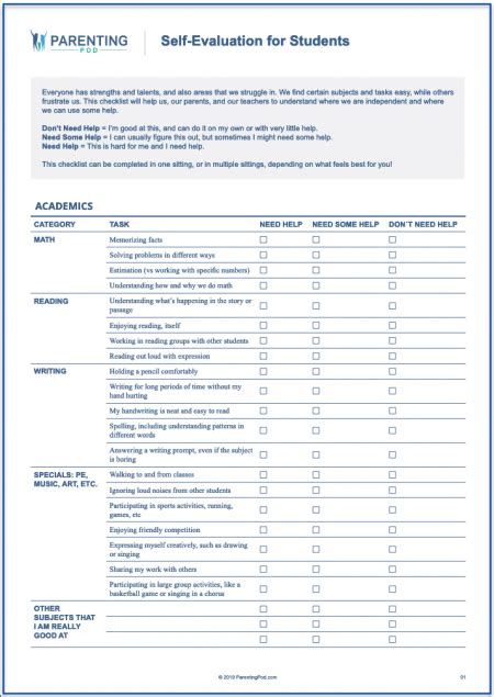Self Evaluation Checklist For Students With Autism Spectrum Disorder