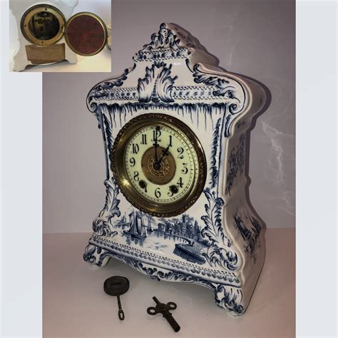Antique Porcelain Delft Style Mantle Clock Waterbury Clock Co Etsy
