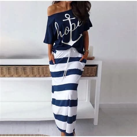 Womens Two Piece Summer Dress Off Shoulder Sexy Dress Printed Anchor Boat Shirt Top