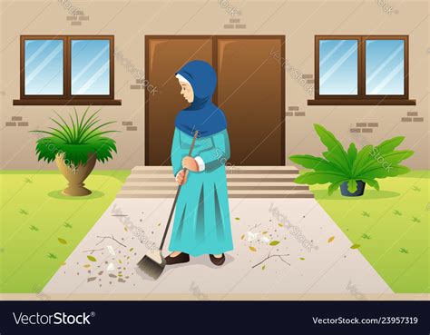 Muslim Woman Sweeping The Trash Royalty Free Vector Image