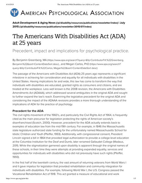 Pdf The Americans With Disabilities Act Ada At 25 Years Precedent