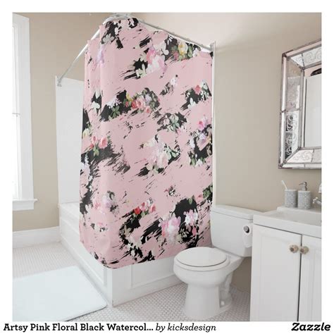 Modern Pink Floral Black Watercolor Brushstrokes Shower Curtain