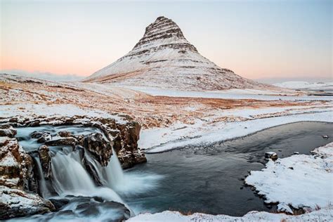 Kirkjufell Mountain And Waterfall At Sunrise Iceland Stock Image