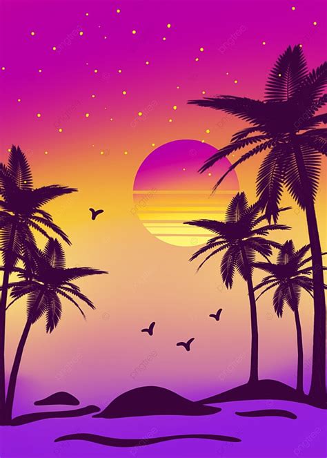 Gradient Color Starry Sky Summer Beach Coconut Tree Sunset Background
