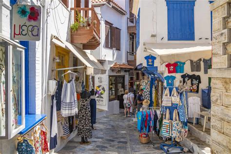 View Of Shops In Narrow Street Skopelos Town Skopelos Island