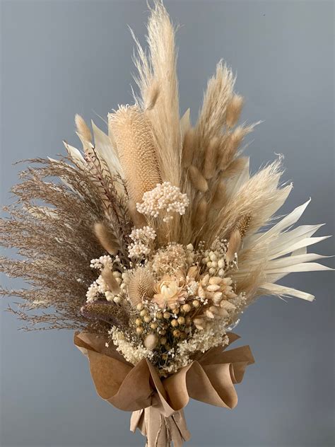 Lavish Boho Style Beigecream Dried Flower Bouquet Preserved Etsy