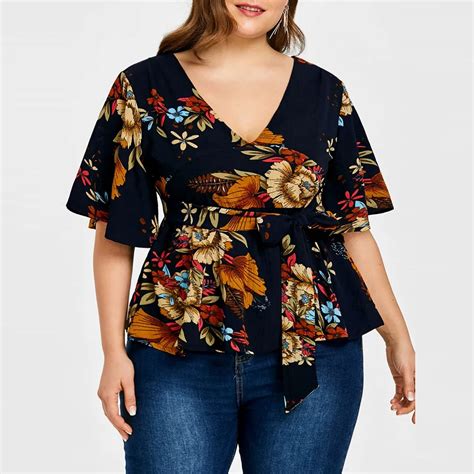 Plus Size XL Summer Womens Tops And Blouses Tunic Floral Print V Neck Shirts Flare Sleeve Short