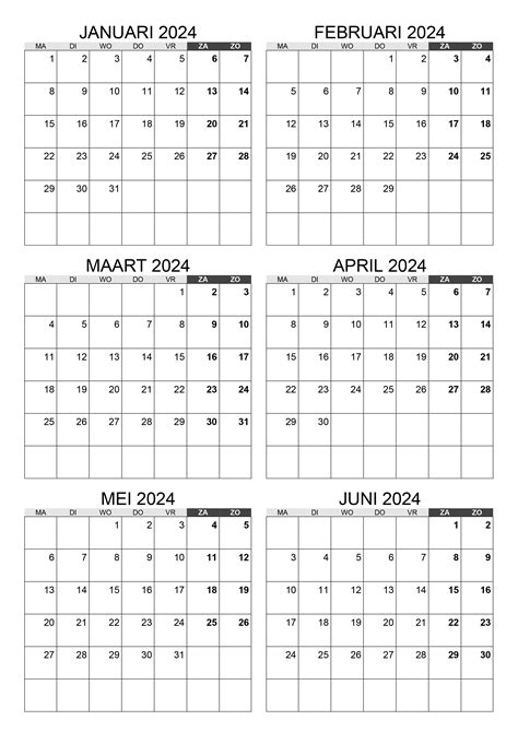 Kalender Januari Februari Maart April Mei Juni 2024