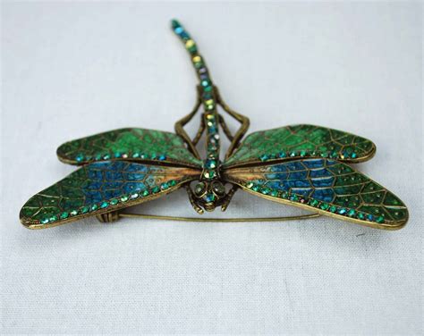 Vintage Dragonfly Brooch Pin Large Blue Green Rhinestone