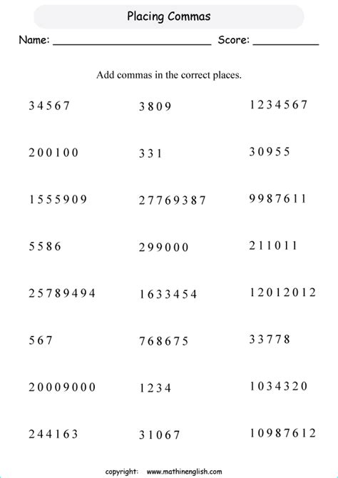 Placing Commas In Numbers Worksheet