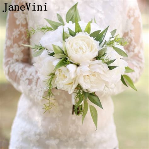 Janevini White Ivory Bride Peony Flower Bouquet Artificial
