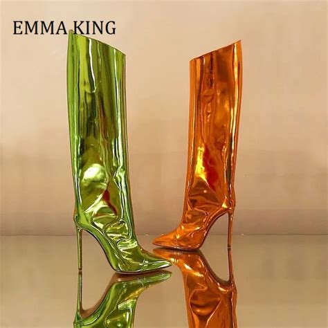 sexy mirror leather knee high women boots 12cm super high heels long boots female shoes spring