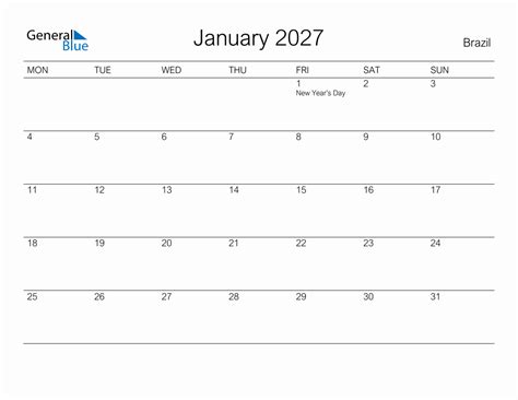 Printable January 2027 Monthly Calendar With Holidays For Brazil