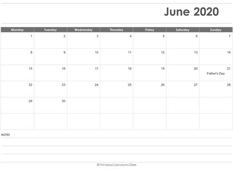 June 2020 Calendar Templates