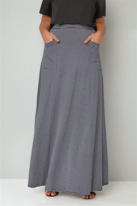 Navy And White Stripe Maxi Skirt With Pockets Plus Size 16 To 36