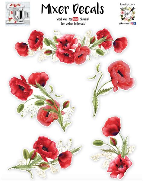 Red Poppy Mixer Decals Watercolor Floral Decals Red Flower Etsy