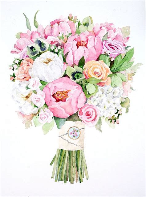 Original Custom Bridal Bouquet Painting In Watercolor Wedding