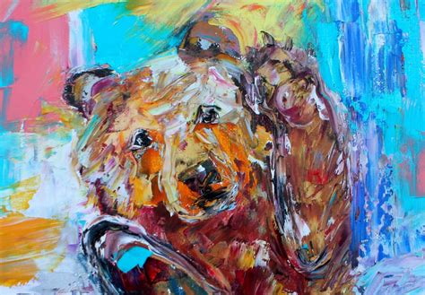 Bear At Play Painting Original Oil Abstract Palette Knife Impressionism