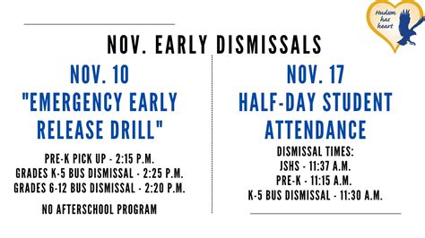 November Early Dismissal Times Hudson City School District