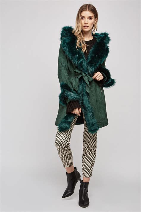 Belted Faux Fur Trim Coat Forest Green Just 50