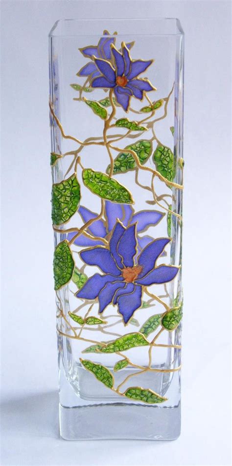 Hand Painted Glass Vase Сlematis Flowers Hand Painted Etsy Glass