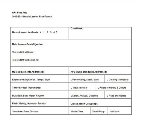 Music Lesson Plan Template 7 Free Word Excel Pdf Format Download