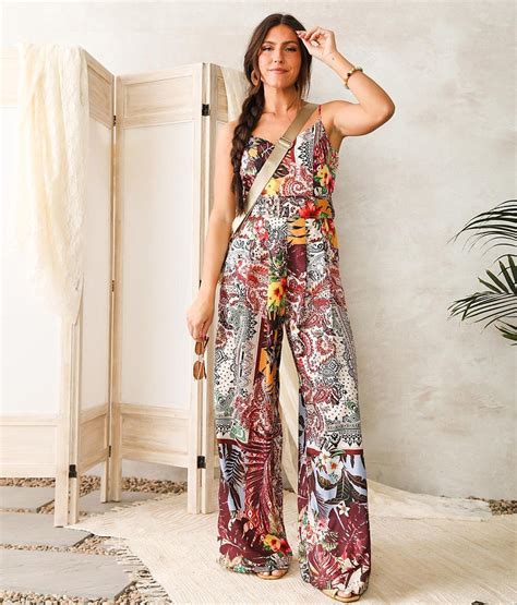 a peach mixed floral print wide leg jumpsuit women s rompers jumpsuits in pink multi buckle