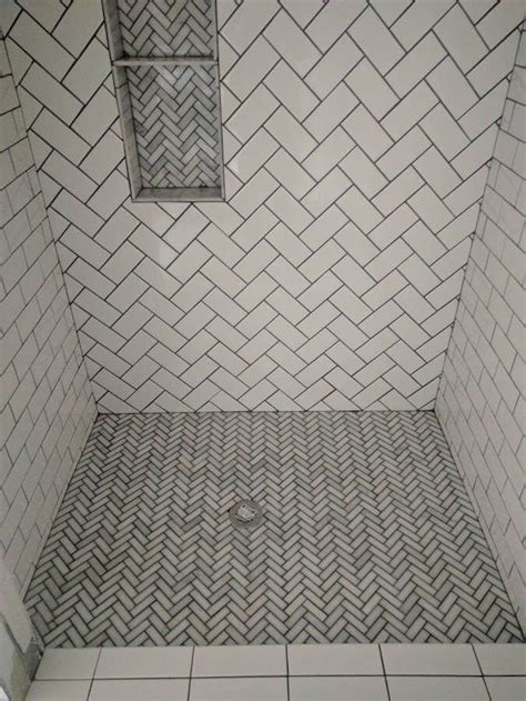 Herringbone Tile Pattern On Floor Of Shower Bathroom Flooring Tile