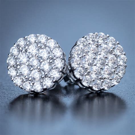 Mens Round Silver Diamond Cluster Earrings