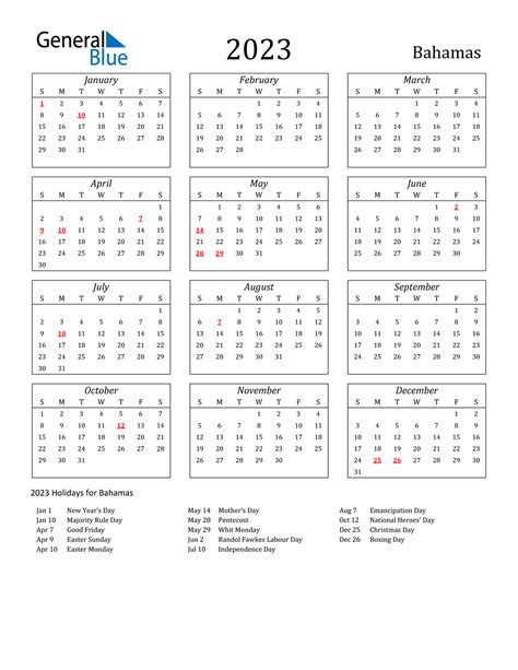 2023 Bahamas Calendar With Holidays