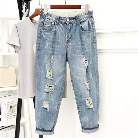 5xl 2019 Fashion Plus Size Washed Jeans Blue Ripped Hole Denim Pants