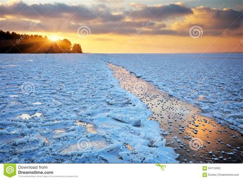 Beautiful Winter Landscape With Sunset Sky Stock Photo