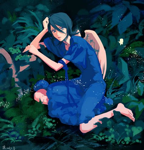 safebooru 1girl absurdres bangs barefoot black eyes black hair bleach blue dress dress forest