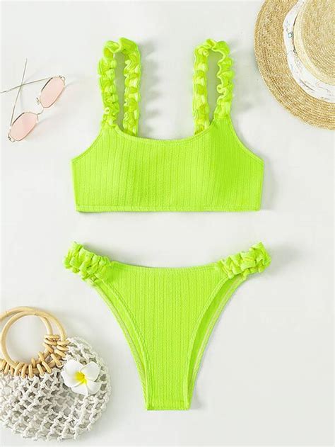 Neon Lime Ruched Bikini Swimsuit Shein Usa