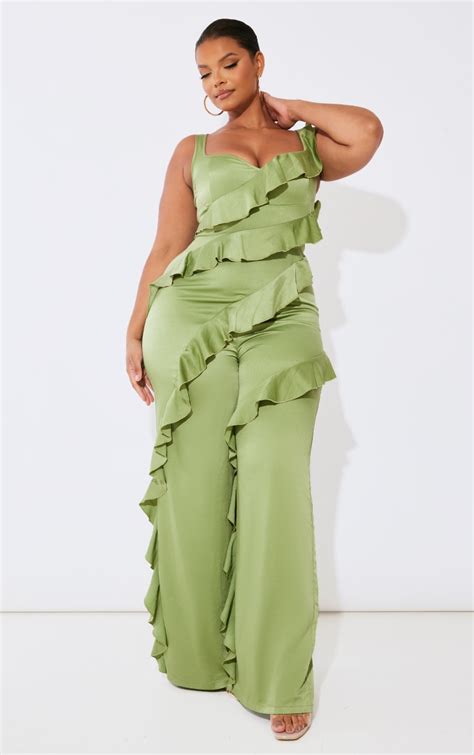 Plus Olive Satin Ruffle Front Jumpsuit Prettylittlething