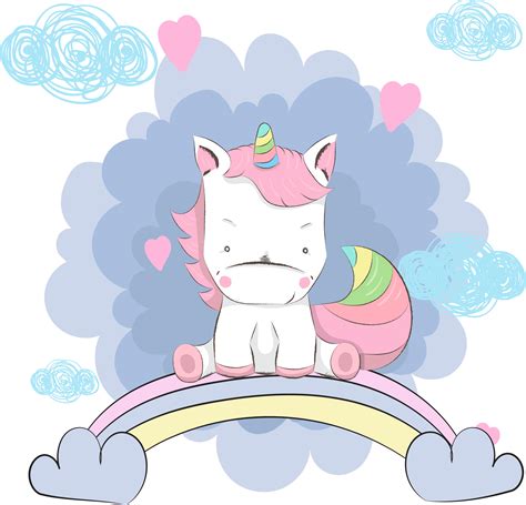 Cute Cartoon Unicorn Sitting On A Rainbow With Hearts Vector Black